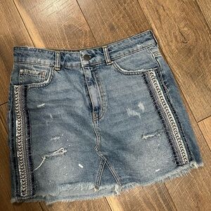 Free People Blue Denim Mini Skirt with Embellishments